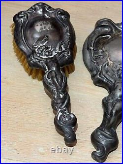 Antique Art Nouveau Cupid Cherub Mirror And Brush VANITY Set Monogram M