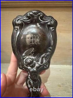 Antique Art Nouveau Cupid Cherub Mirror And Brush VANITY Set Monogram M