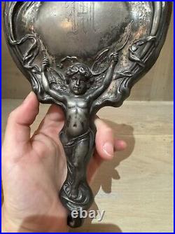 Antique Art Nouveau Cupid Cherub Mirror And Brush VANITY Set Monogram M