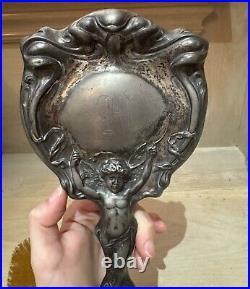 Antique Art Nouveau Cupid Cherub Mirror And Brush VANITY Set Monogram M