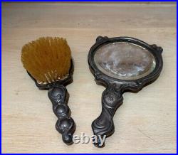 Antique Art Nouveau Cupid Cherub Mirror And Brush VANITY Set Monogram M