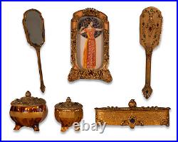 Antique Art Nouveau Deco Vanity Makeup Set Ornate Bronze Inlaid Colored Stones