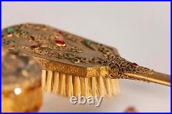 Antique Art Nouveau Deco Vanity Makeup Set Ornate Bronze Inlaid Colored Stones