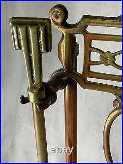 Antique Art Nouveau Fireside Set Brass Copper Crafts Aesthetic Tongs Poker Brush