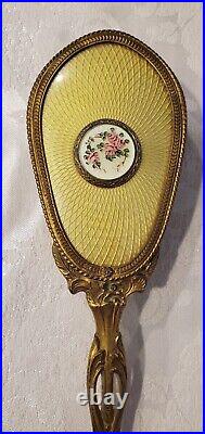 Antique Art Nouveau French Guilloche Hand Mirror & Brush Set Gold Plated