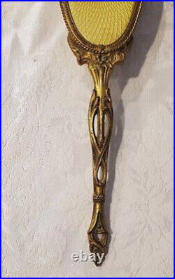 Antique Art Nouveau French Guilloche Hand Mirror & Brush Set Gold Plated