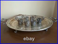 Antique Art Nouveau German WMF Set 6 pcs. Silverplate Glass Cup Holder And Tray