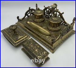 Antique Art Nouveau Gold JB Jennings Bros Desk Set Double Inkwell Blotter & Box