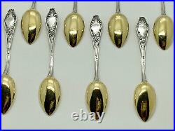 Antique Art Nouveau Latvian 875 Solid Silver Set of 12 Tea Spoons Gilt Bowls