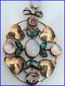 Antique Art Nouveau Moonstone Diamond Emerald Ruby Pendant 9ct Gold