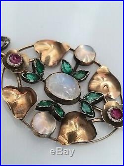 Antique Art Nouveau Moonstone Diamond Emerald Ruby Pendant 9ct Gold