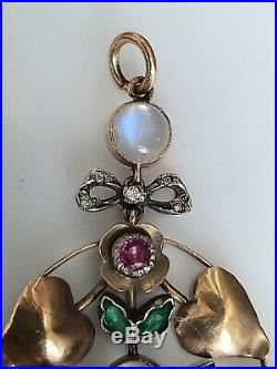 Antique Art Nouveau Moonstone Diamond Emerald Ruby Pendant 9ct Gold