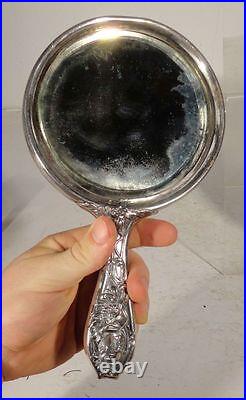 Antique Art Nouveau SIlverplate Mirror Brush Vanity Dresser Set Repousse