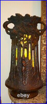 Antique Art Nouveau Set Spelter Figural Lanterns Statue Lamp Stain Glass Amazing
