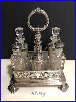 Antique Art Nouveau Silver Plated Fretwork Filigree 6 glass bottles Cruet Set