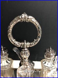 Antique Art Nouveau Silver Plated Fretwork Filigree 6 glass bottles Cruet Set