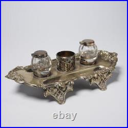 Antique Art Nouveau Silverplate Inkwell Desk Organizer Accessory Lot Set