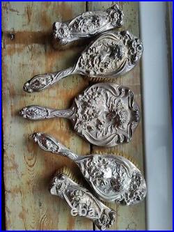 Antique Art Nouveau Solid Silver Dressing Table Set Levi & Salaman 5 Piece 1903