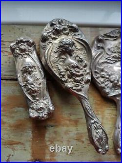 Antique Art Nouveau Solid Silver Dressing Table Set Levi & Salaman 5 Piece 1903