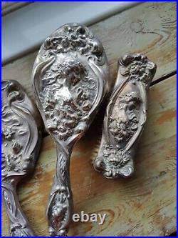 Antique Art Nouveau Solid Silver Dressing Table Set Levi & Salaman 5 Piece 1903