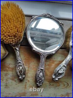 Antique Art Nouveau Solid Silver Dressing Table Set Levi & Salaman 5 Piece 1903