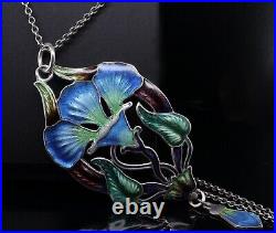 Antique Art Nouveau Sterling Silver Guilloche Enamel Set Pendant & Chain