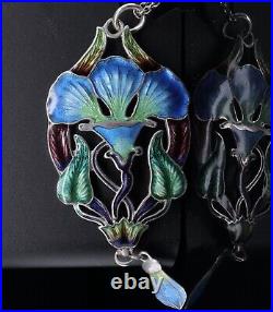 Antique Art Nouveau Sterling Silver Guilloche Enamel Set Pendant & Chain