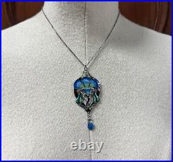 Antique Art Nouveau Sterling Silver Guilloche Enamel Set Pendant & Chain