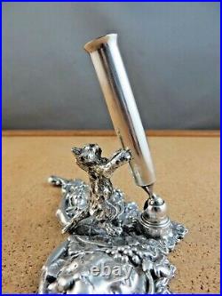 Antique Art Nouveau Sterling Silver Pen Holder Desk Set Cat Woman Face Grapes