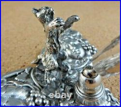 Antique Art Nouveau Sterling Silver Pen Holder Desk Set Cat Woman Face Grapes