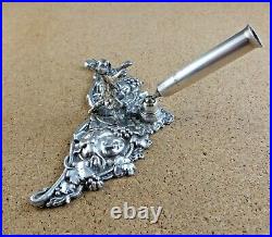 Antique Art Nouveau Sterling Silver Pen Holder Desk Set Cat Woman Face Grapes