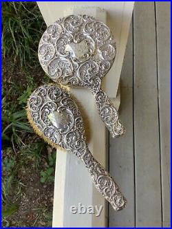 Antique Art Nouveau Sterling Silver Repousse Vanity Hand Mirror & Brush Set