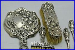 Antique Art Nouveau Sterling Silver Vanity Mirror And Brush Grooming Set