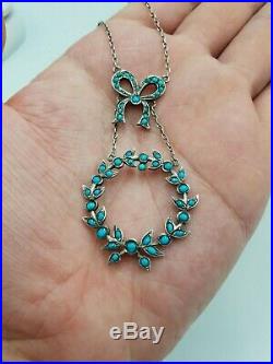Antique Art Nouveau Turquoise & Silver Pendant Necklace Bow Pave Set