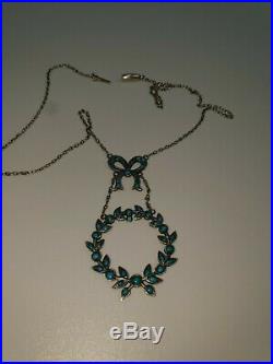 Antique Art Nouveau Turquoise & Silver Pendant Necklace Bow Pave Set