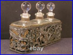 Antique Art Nouveau Vantine Set PEACOCK 3 Perfume Scent Bottle Vanity Holder Box