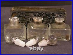 Antique Art Nouveau Vantine Set PEACOCK 3 Perfume Scent Bottle Vanity Holder Box