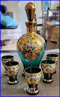 Antique Art Nouveau Venetian Rare Color Teal Decanter Set Heavy Gold And Flowers