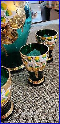Antique Art Nouveau Venetian Rare Color Teal Decanter Set Heavy Gold And Flowers