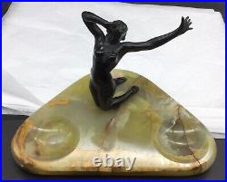 Antique Art Nouveau Woman Marble Desk Tray Set Bronze Stone Vintage