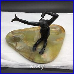 Antique Art Nouveau Woman Marble Desk Tray Set Bronze Stone Vintage