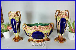 Antique Art nouveau barbotine majolica Vases centerpiece Mantel set