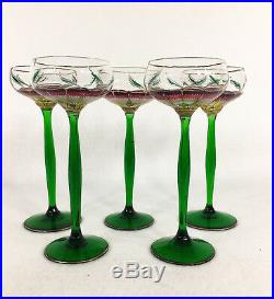 Antique Bohemian Theresienthal Set of 5 Art Nouveau Floral Liqueur Glasses