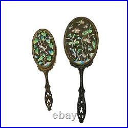 Antique Bronze Enamel Vanity Hand Mirror Hairbrush Art Nouveau Vanity Set
