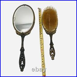 Antique Bronze Enamel Vanity Hand Mirror Hairbrush Art Nouveau Vanity Set