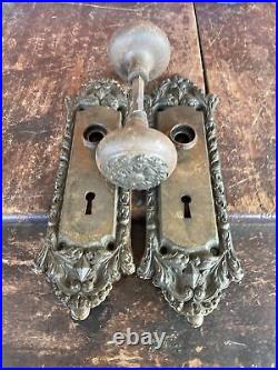 Antique CHATHAM Victorian Art Nouveau Cast Iron Door Knob Set with Back Plates
