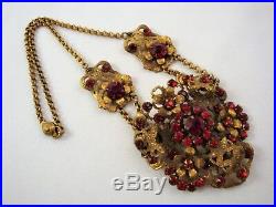 Antique CZECH Necklace & Bracelet Garnet Red Stones Goldtone Filigree Settings