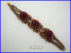Antique CZECH Necklace & Bracelet Garnet Red Stones Goldtone Filigree Settings