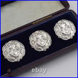 Antique Cased Set Of Six Edwardian Art Nouveau Maiden / Lady Silver Buttons
