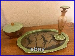 Antique Celluloid Vanity Tray Set With Glass Perfume Bottle & Glass Jar